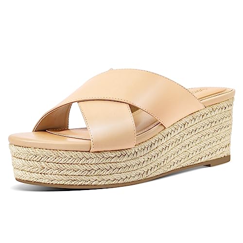PIZZ ANNU Sandalen Damen Espadrilles Plateau Keilabsatz Frauen Keilsandalen Sandaletten Hausschuhe Pantoletten Elegant Sommer Schuhe Nude EU 40 von PIZZ ANNU
