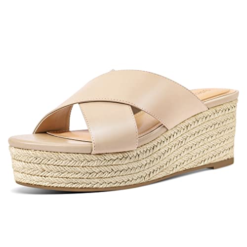 PIZZ ANNU Sandalen Damen Espadrilles Plateau Keilabsatz Frauen Keilsandalen Sandaletten Sommer Schuhe Hausschuhe Pantoletten Elegant Sand EU 37 Schmal von PIZZ ANNU