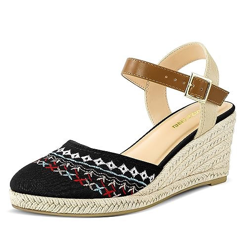 PIZZ ANNU Sandalen Damen Espadrilles Plateau Wedges Sandaletten mit Geschlossene Keilabsatz Sommerschuhe Sommer Pumps Frauen Schuhe Schwarze Stickerei EU 37 EU Schmal von PIZZ ANNU