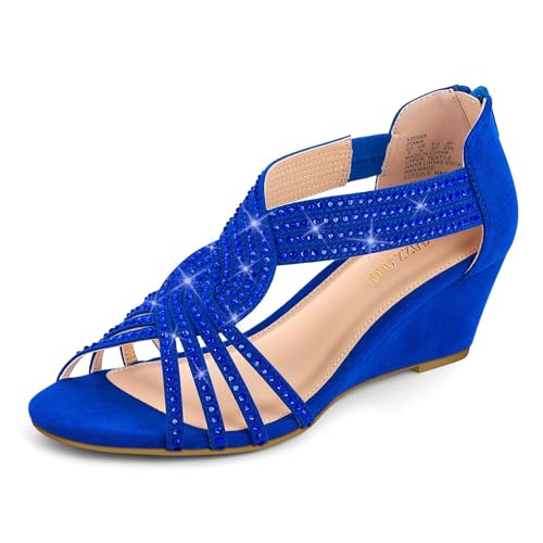 PIZZ ANNU Sandalen Damen Glitzer Strass Sandaletten mit Keilabsatz Reißverschluss Plateau Sommer Frauen Schuhe Keilsandalen Elegant Bequem Sommerschuhe Blau EU 38 von PIZZ ANNU