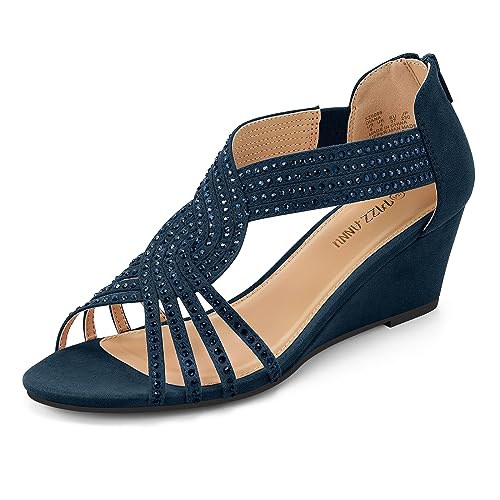 PIZZ ANNU Sandalen Damen Glitzer Strass Sandaletten mit Keilabsatz Reißverschluss Plateau Sommer Frauen Schuhe Keilsandalen Elegant Bequem Sommerschuhe Marineblau EU 37 von PIZZ ANNU