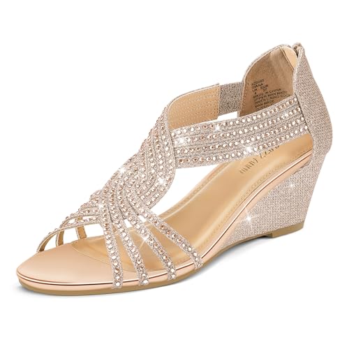 PIZZ ANNU Sandalen Damen Glitzer Strass Sandaletten mit Keilabsatz Reißverschluss Plateau Sommer Frauen Schuhe Keilsandalen Elegant Bequem Sommerschuhe Roségold EU 38 von PIZZ ANNU