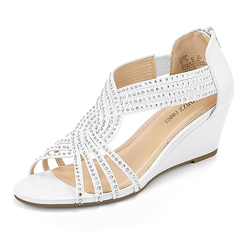 PIZZ ANNU Sandalen Damen Glitzer Strass Sandaletten mit Keilabsatz Reißverschluss Plateau Sommer Frauen Schuhe Keilsandalen Elegant Bequem Sommerschuhe Weiß EU 36 von PIZZ ANNU