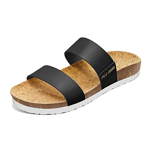 PIZZ ANNU Sandalen Damen Pantoletten mit Natur Kork-Fußbett Flache Sandaletten Sommer Slides Schuhe Badelatschen Sommerschuhe Hausschuhe Schlappen Schwarz Größe 42 EU von PIZZ ANNU