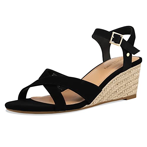 PIZZ ANNU Sandalen Damen Sandaletten Espadrilles mit Keilabsatz Keilsandalen Plateau Espandrillos Sommer Frauen Schuhe Sommerschuhe Schwarz 40.5 EU Schmal von PIZZ ANNU