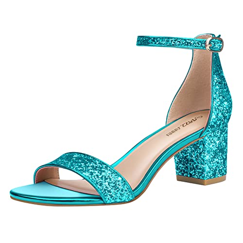 PIZZ ANNU Sandalen Damen mit Absatz Bequem Sandaletten Sommer Elegant Sommerschuhe Klassische Blockabsatz Schuhe Blue Glitter 37 EU Schmal von PIZZ ANNU