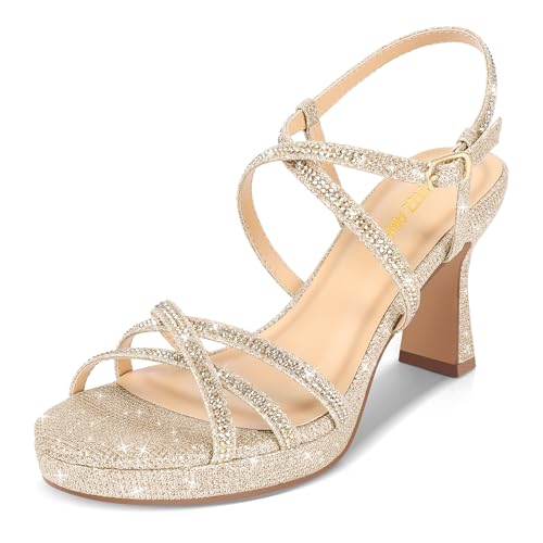 PIZZ ANNU Stellora Damen Plateau High Heels Block Chunky Strappy Sparkly Strass Open Toe Knöchelriemen Kleid Pumps Sandalen Schuhe für Party Hochzeit, Gold, 39 EU von PIZZ ANNU