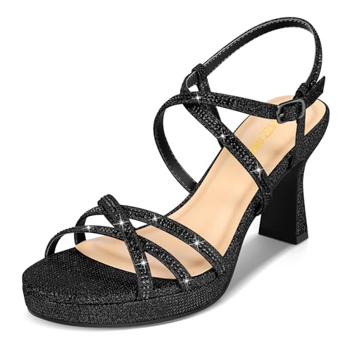 PIZZ ANNU Stellora Damen Plateau High Heels Block Chunky Strappy Sparkly Strass Open Toe Knöchelriemen Kleid Pumps Sandalen Schuhe für Party Hochzeit, Schwarz, 38.5 EU von PIZZ ANNU