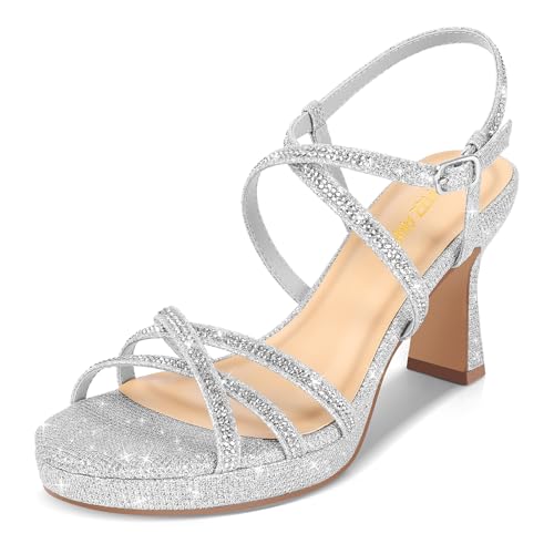 PIZZ ANNU Stellora Damen Plateau High Heels Block Chunky Strappy Sparkly Strass Open Toe Knöchelriemen Kleid Pumps Sandalen Schuhe für Party Hochzeit, silber, 42 EU von PIZZ ANNU