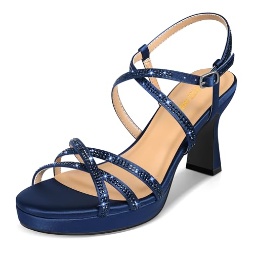 PIZZ ANNU Stellora Damen Plateau High Heels Block Chunky Strappy Sparkly Strass Open Toe Knöchelriemen Kleid Pumps Sandalen Schuhe für Party Hochzeit Elfenbein Satin, Marineblaues Satin, 39.5 EU von PIZZ ANNU