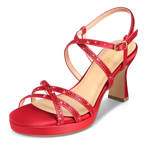 PIZZ ANNU Stellora Damen Plateau High Heels Block Chunky Strappy Sparkly Strass Open Toe Knöchelriemen Kleid Pumps Sandalen Schuhe für Party Hochzeit Elfenbein Satin, Rot, Satin, 39 EU von PIZZ ANNU