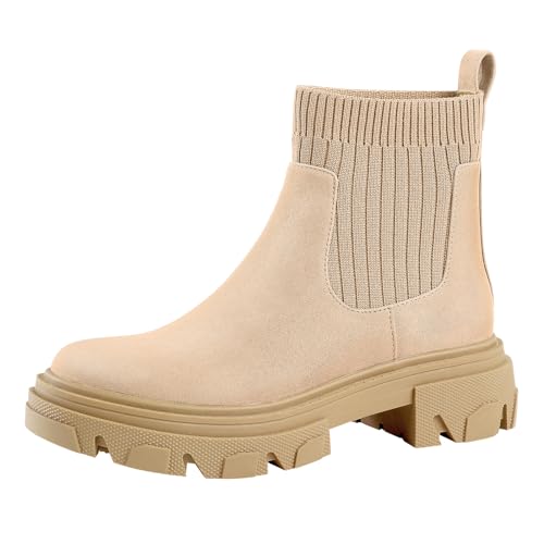 PIZZ ANNU Stiefeletten Damen Elegant Chelsea Boots mit Dicker Sohle Classic Winter Stiefel Basic Biker Boots Beige EU 40 von PIZZ ANNU