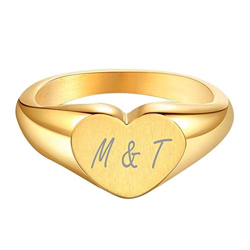 18 Karat Gold gefüllter Edelstahl Zarter Oval/Herz Siegelring für Frauen Mädchen Stapelbar Chunky Layering Ring Band Pinky Ring Stilvoller Ring für Frauen, Sonderanfertigung, Größe,size 57 (18.1) von PJ JEWELLERY