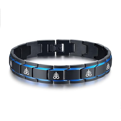 2-Ton Schwarz Und Blau Edelstahl Satanic Cross graviert Brimstone Leviathan Link Armband Occult Luciferian Lucifer Armband Für Herren Und Jungen von PJ JEWELLERY
