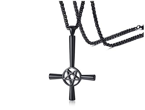 Herren Gothic Pentagramm Satanische Halskette : Edelstahl Pentagramm Satanic Satan Pagan Wiccan Inverted Cross Anhänger Halskette für Männer Halloween Weihnachten Geschenk, 24" Seilkette,Schwarz von PJ JEWELLERY
