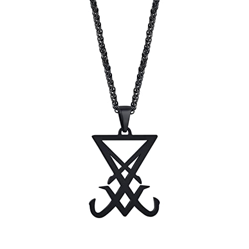 PJ JEWELLERY Herren Siegel von Luzifer Halskette : Satan Satanisch Anhänger Gotisch Gothic Hexe Alchemie Symbolisches Geschenk,Halloween Weihnachten 24'' Seilkette,Schwarz von PJ JEWELLERY