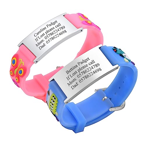 Notfallarmband SOS Armband Kinder Personalisierte - 2 Stück Graviert Edelstahl Tag Rosa Blau Cartoon Silikonband Sicherheitsarmband für Mädchen Jungen Kleinkind Anti-Verlust Notfall Armband Armbänder von PJ JEWELLERY