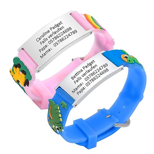 Notfallarmband SOS Armband Kinder Personalisierte - 2 Stück Gravur Edelstahl Tag Rosa Blau Cartoon Silikonband Sicherheitsarmband für Mädchen Jungen Kleinkind Anti-Verlust Notfall Armband Armbänder von PJ JEWELLERY