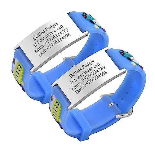 Notfallarmband SOS Armband Kinder Personalisierte - 2 Stück Gravur Edelstahl Tag & Blau Cartoon Silikonband Sicherheitsarmband für Mädchen Jungen Kleinkind Anti-Verlust Notfall Armband ID Armbänder von PJ JEWELLERY