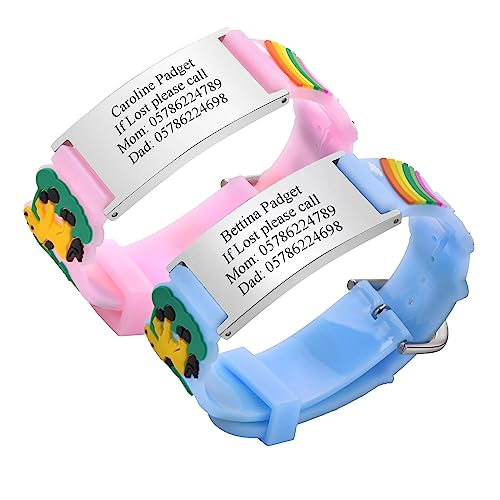 Notfallarmband SOS Armband Kinder Personalisierte - 2 Stück Gravur Edelstahl Tag & Rosa Blau Cartoon Silikonband Sicherheitsarmband für Mädchen Jungen Kleinkind Anti-Verlust Notfall Armband Armbänder von PJ JEWELLERY