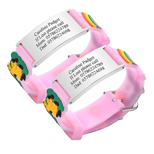 Notfallarmband SOS Armband Kinder Personalisierte - 2 Stück Gravur Edelstahl Tag & Rosa Cartoon Silikonband Sicherheitsarmband für Mädchen Jungen Kinder Anti-Verlust Notfall Armband ID Armbänder von PJ JEWELLERY