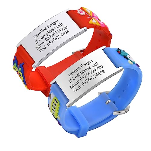 Notfallarmband SOS Armband Kinder Personalisierte - 2 Stück Gravur Edelstahl Tag & Rot Blau Silikonband Armband Anti-Verlust Notfall Armband ID Armbänder mit Telefonnummer für Mädchen Jungen von PJ JEWELLERY