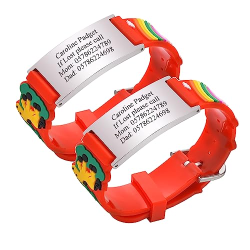 Notfallarmband SOS Armband Kinder Personalisierte - 2 Stück Gravur Edelstahl Tag & Rot Cartoon Silikonband Sicherheitsarmband für Mädchen Jungen Kinder Anti-Verlust Notfall Armband ID Armbänder von PJ JEWELLERY