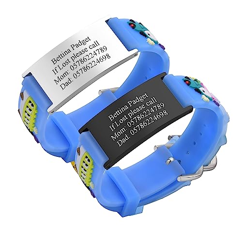 Notfallarmband SOS Armband Kinder Personalisierte - 2 Stück Individuelle Edelstahl Tag & Blau Cartoon Silikonband Sicherheitsarmband für Mädchen Jungen Kleinkind Anti-Verlust Notfall Armband Armbänder von PJ JEWELLERY
