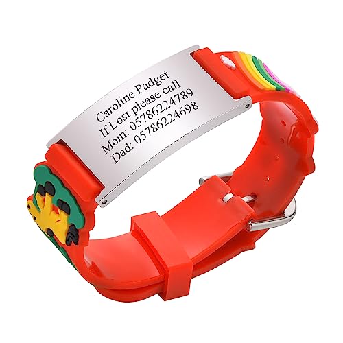 Notfallarmband SOS Armband Kinder Personalisierte - Gravur Edelstahl Tag & Rot Cartoon Silikonband Sicherheitsarmband für Mädchen Jungen Kleinkind Kinder Anti-Verlust Notfall Armband ID Armbänder von PJ JEWELLERY