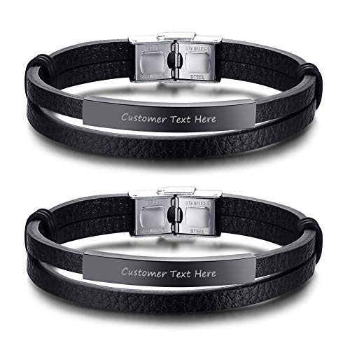 PJ JEWELLERY 2 STÜCKE Personalisierte gravierte Edelstahl geflochtene Schwarze Leder ID Manschette Armbänder für Männer und Frauen, 8,2 " von PJ JEWELLERY
