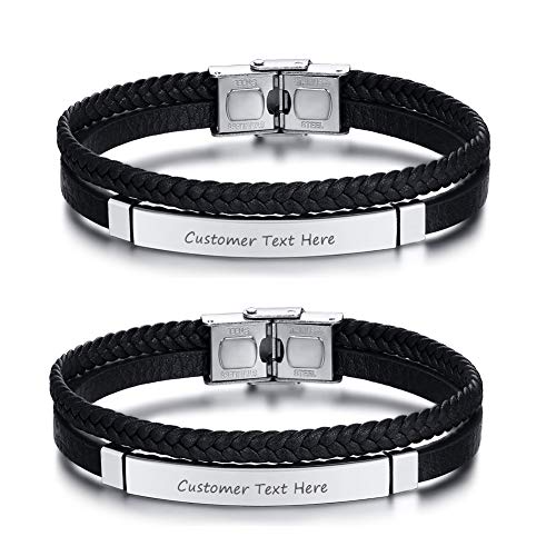 PJ JEWELLERY 2 STÜCKE Personalisierte kundenspezifische gravierte Edelstahl geflochtenes schwarzes Leder mit silbernen ID-Manschettenarmbändern für Männer und Frauen, 8.2 " von PJ JEWELLERY