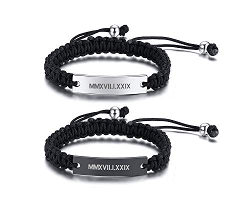 PJ JEWELLERY 2 Stücke Personalisierte Edelstahl Schwarz und Silber ID Platte Armbänder Benutzerdefinierte Gravur Handgemachte schwarz Geflochtene Seil Handgelenk Armreif für Männer Frauen von PJ JEWELLERY