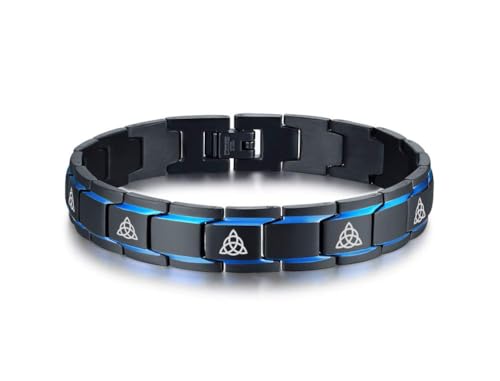 2-Ton Schwarz und Blau Keltischer Knoten aus Edelstahl Graviert Triquetra Dreieinigkeit Knoten Symbol Link Armband Armband Für Herren Und Jungen, 8.2" von PJ JEWELLERY