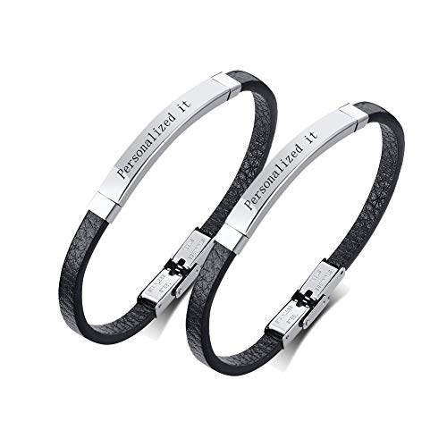 2 Stück personalisiertes Lederarmband für Herren, Edelstahl personalisiertes Namensschild geflochtenes Lederarmband Manschettenarmband für ihn für Geburtstag Vatertag Jahrestag, Magnetisch Schließe von PJ JEWELLERY