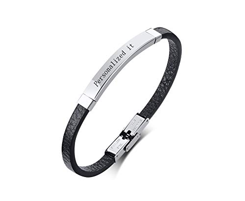 PJ JEWELLERY Dünne personalisierte ID Lederarmband für Männer Vater Benutzerdefinierte Nachricht ID Bar Name Römische Ziffer Armband für Papa Ehemann von PJ JEWELLERY