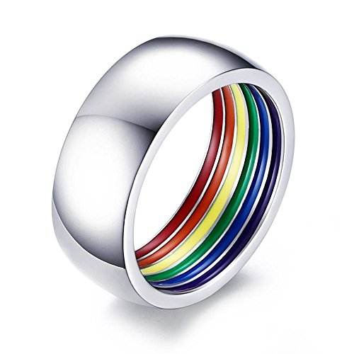 PJ JEWELLERY Normaler Edelstahl 8 mm Breite Polierter gewölbter Regenbogenstreifen-LGBT-Ring, Gay Pride Eheringe Bänder für Männer, klassischer Tagesring, Größe 54 (17.2), Silber von PJ JEWELLERY