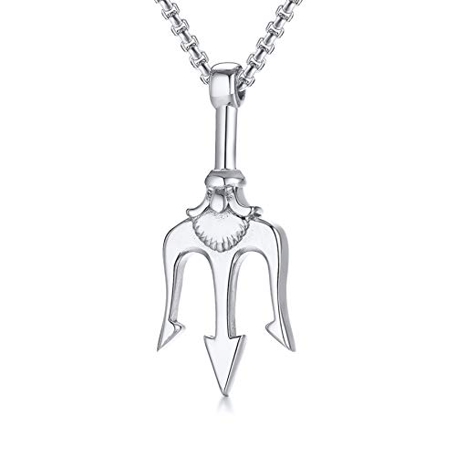 PJ JEWELLERY Edelstahl Altes Griechenland Amulett Halskette Poseidon Dreizack Anhänger Halskette Seemannsgeschenk, Geschenk für ihn zum Vatertag, Weihnachten, 27,5 Kette, Silber von PJ JEWELLERY