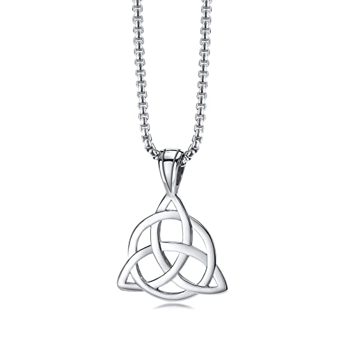 Edelstahl Irish Celtic Triquetra Triangle Trinity Knot Anhänger Halsketten für Männer Viel Glück Infinity Celtic Triangle Knoten Anhänger Schmuck für Frauen Männer, 24 "Rolo Chain, Silber von FLHEART