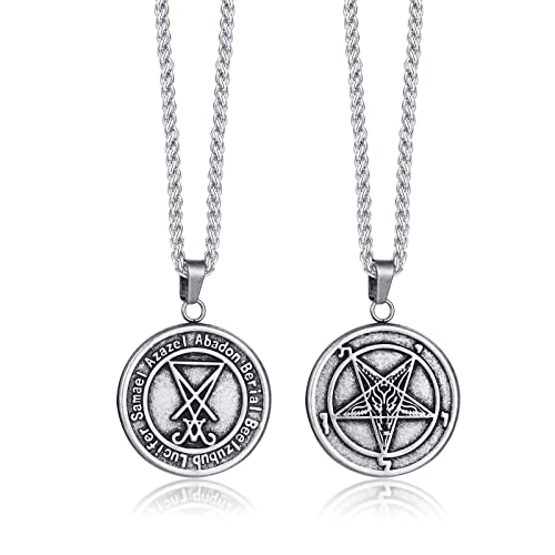 Herren Satanische Halskette : Edelstahl Pentagramm Siegel von Luzifer Pagan Okkultes Siegel des Satans Satanisches Symbol Anhänger Halskette Umgekehrtes Pentagramm Baphomet Ziege Halskette von PJ JEWELLERY