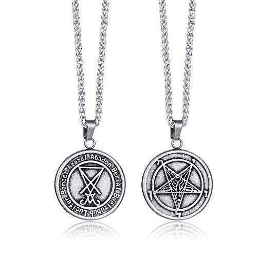 Herren Satanische Halskette : Edelstahl Pentagramm Siegel von Luzifer Pagan Okkultes Siegel des Satans Satanisches Symbol Anhänger Halskette Umgekehrtes Pentagramm Baphomet Ziege Halskette,19" Kette von PJ JEWELLERY