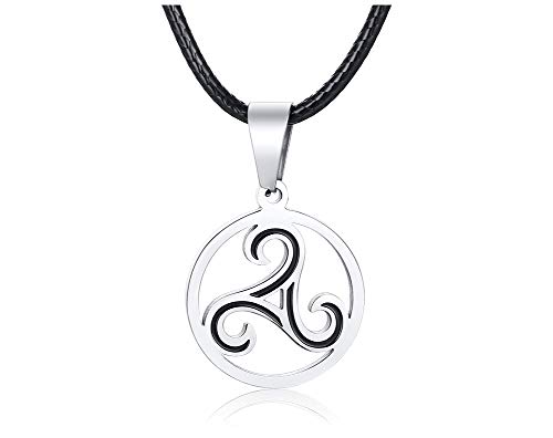 PJ JEWELLERY Edelstahl Triple Spiral Triskele Triskelion Keltisches Symbol Anhänger Halskette mit Kordel für Männer Frauen, Silber von PJ JEWELLERY