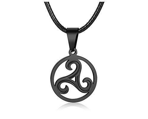 PJ JEWELLERY Edelstahl Triple Spiral Triskele Triskelion keltisches Symbol Anhänger Halskette mit Kordel für Männer Frauen, schwarz von PJ JEWELLERY