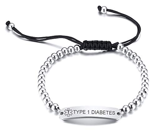 PJ JEWELLERY Edelstahl Type 1 Diabetes Medical Alert ID Handmade Perlen verstellbares Armband für Männer Frauen von PJ JEWELLERY