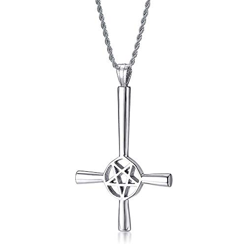 Herren Gothic Pentagramm Satanische Halskette : Edelstahl Pentagramm Satanic Satan Pagan Wiccan Inverted Cross Anhänger Halskette für Männer Halloween Weihnachten Geschenk, 24" Seilkette,Silber von PJ JEWELLERY