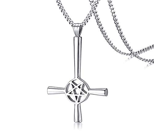 Herren Gothic Pentagramm Satanische Halskette : Edelstahl Pentagramm Satanic Satan Pagan Wiccan Inverted Cross Anhänger Halskette für Männer Halloween Weihnachten Geschenk, 24" Panzerkette ,Silber von PJ JEWELLERY