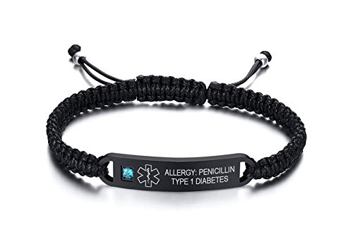 PJ JEWELLERY Kostenlose Gravur handgefertigte verstellbare geflochtene Seil Medical ID Armbänder Paracord Weaving Medical Alert Makramee ID Armbänder für Herren und Damen von PJ JEWELLERY