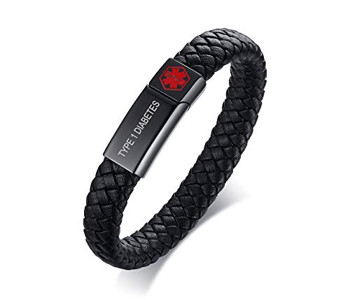 PJ JEWELLERY NO NEEDLE OR BP ON LEFT ARM Geflochtenes echtes Leder Medical ID Armband Herren Medical Alert Leder Armband von PJ JEWELLERY