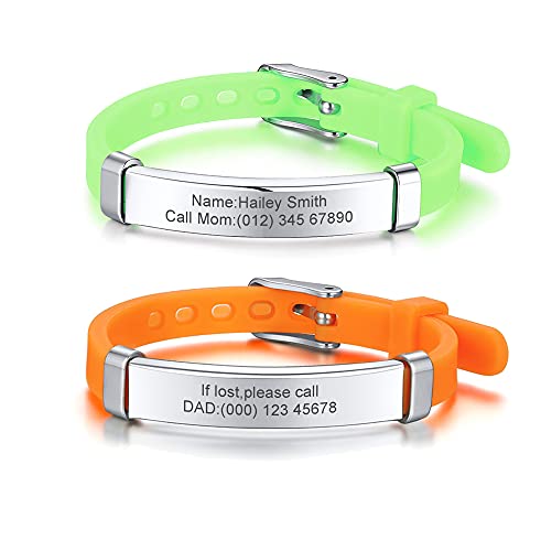 PJ JEWELLERY Packung mit 2 sortierten Farbe personalisierte Edelstahl weiches Silikon Kind Sicherheit ID Armbänder einstellbar Anti-Verlust ID Armbänder für Kind Mädchen Jungen von PJ JEWELLERY