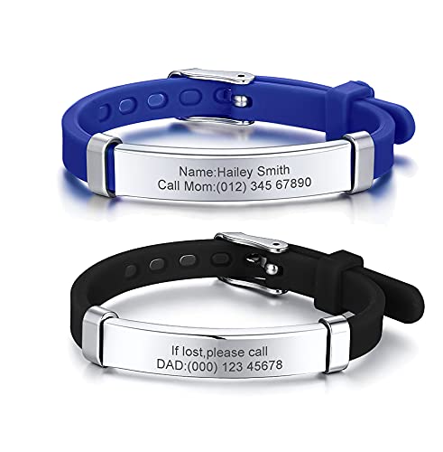 PJ JEWELLERY Packung mit 2 sortierten Farbe personalisierte Edelstahl weiches Silikon Kind Sicherheit ID Armbänder einstellbar Anti-Verlust ID Armbänder für Kind Mädchen Jungen von PJ JEWELLERY
