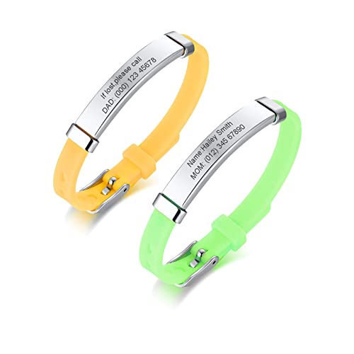 Packung mit 2 sortierten Farbe personalisierte Edelstahl weiches Silikon Kind Sicherheit ID Armbänder einstellbar Anti-Verlust ID Armbänder für Kind Mädchen Jungen von PJ JEWELLERY